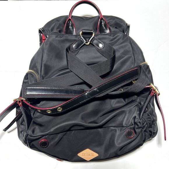 MZ Wallace Marlena backpack in black nylon and leather with red accents. main image 6